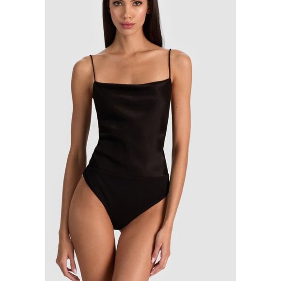 Alice + Olivia Tops - NWT Alice + Olivia Harmon Satin Cowl Sleeveless Bodysuit Black Size Small